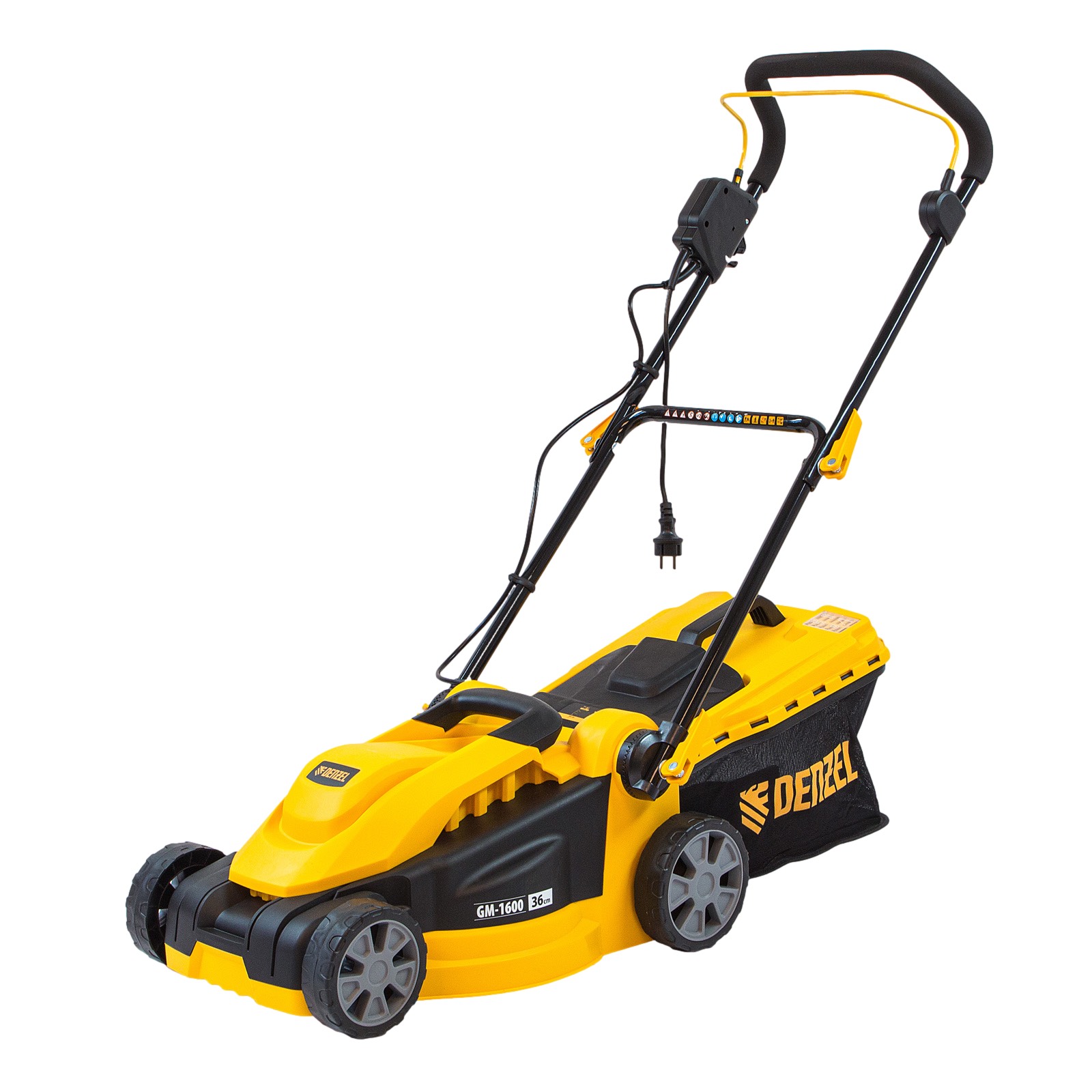 0773c19ea3e78bf16cee03e294b03f25.jpg Газонокосилка электрическая GM-1600, 1600 Вт, шир. 36 см, 3 уров., травосб. 35 л.// Denzel