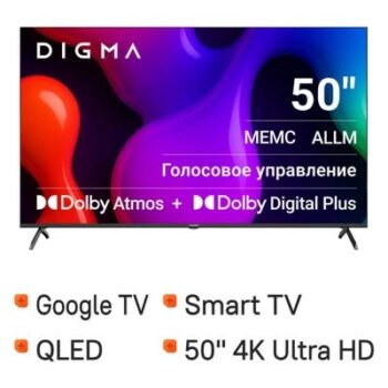 Телевизор QLED Digma 50" DM-LED50UQB31 Smart Google TV Frameless Metal черный/черный/4K Ultra HD/60H