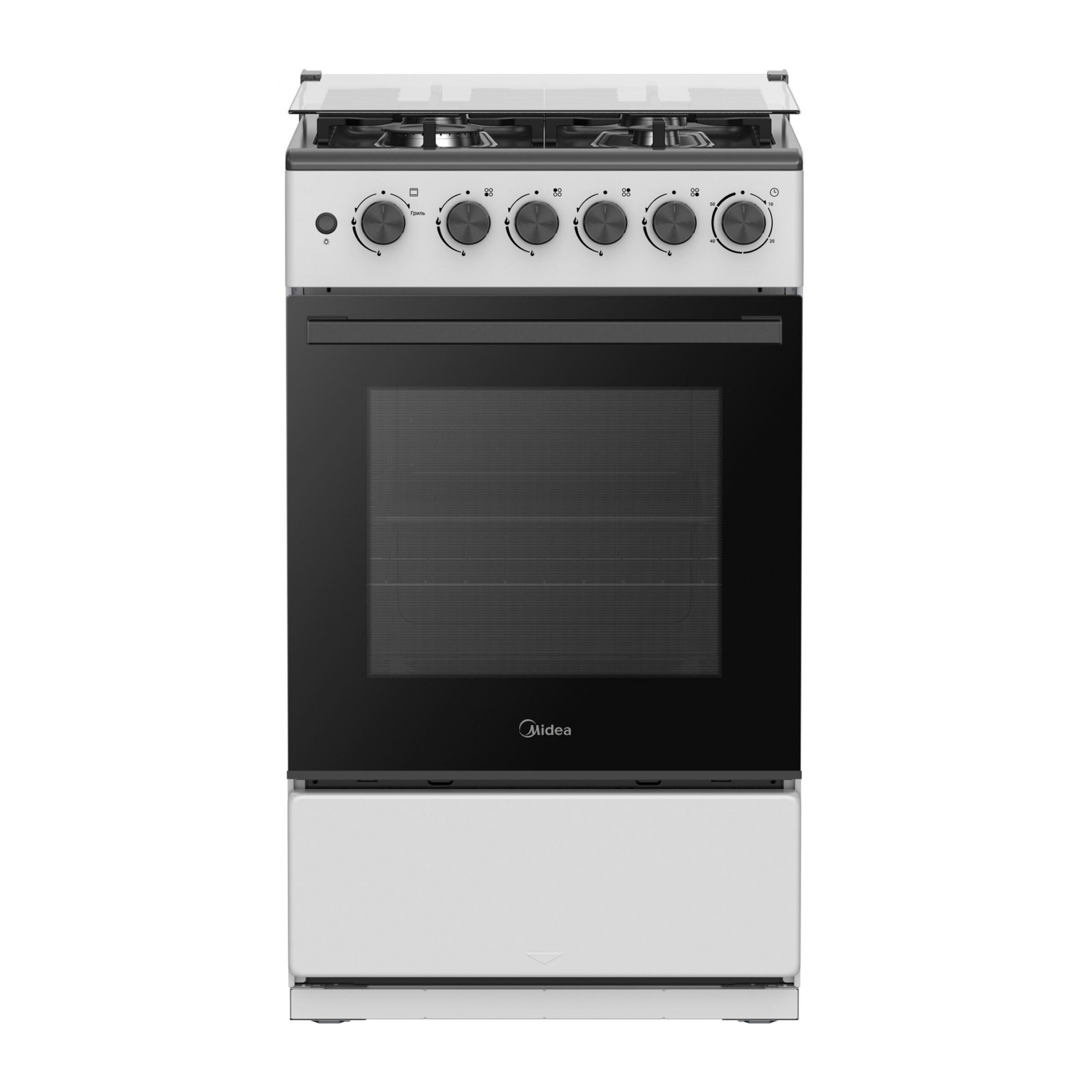 4b3ff62cd0b22c93879470a6990e5d48.jpg Плита Газовая Midea MFO-M4G20T0E(SL) серебристый/черный (стеклянная крышка) реш.чугун
